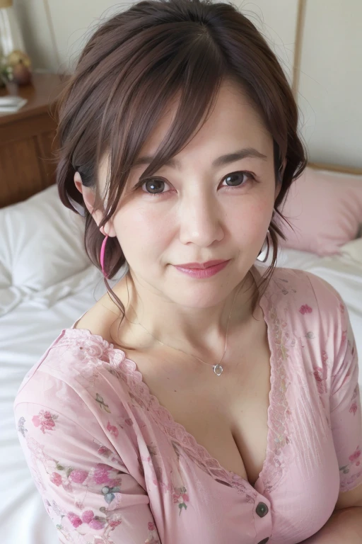 Beautiful mature Japanese woman aged 55, Married women, Long eyelashes, Bob Hair, Red lipstick, Pink Cheeks, Pearl Necklace, Earrings, Dark eyeshadow, Cleavage, Chest visible shirt, Summer clothes, Floral Dress, Lying in bed, Open your arms, Sleep on your back, ((Focus on the whole body)),(Highest quality,4K,8k,High resolution,masterpiece:1.2),Very detailed,(Realistic,photoRealistic,photo-Realistic:1.37)