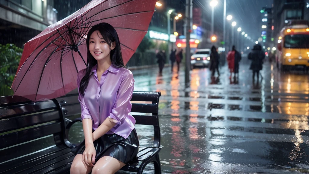 ((slow speed street photography style)), f-stop 1/4 ISO100 f/8, heavy rain atmosphere, detailed water drops heavy rain, a beautiful Korean female is seen sitting on a bench edge street alley city park, enjoying ((without an umbrella)), detailed wet face smiling kindly, straight hair wet, water dripping, wearing Purple silk blouse with Black silk skirt, wet clothes (detailed textures of the wet fabric), floods inundate the streets, there is a red umbrella next to it, proportional female posture, hyperdetailed, hyperrealistic,HD26K