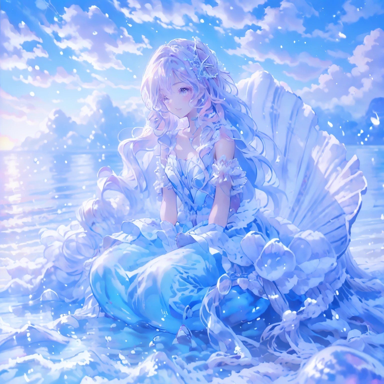 (Exquisite, beautiful, Very detailed, masterpiece, high quality, Confused, High resolution, Full HD, 16K), (woman,Mermaid),(Sitting on a large white shell),((Happy, fun, smile, Laughter:1.3)), (Bob, Wavy Hair, Pink Hair), Purple eyes, ((Sing a song:1.5)),Big eyes, Fair skin, slim,( Soft Edge, Soft lines), Wide Shot, (Saturated colors, Bright colors, pastel colour), (under the beautiful sea, Sea), Dramatic lighting, Warm lighting, Soft lighting, Fantasy, Romantic atmosphere, Dreamy atmosphere, floating