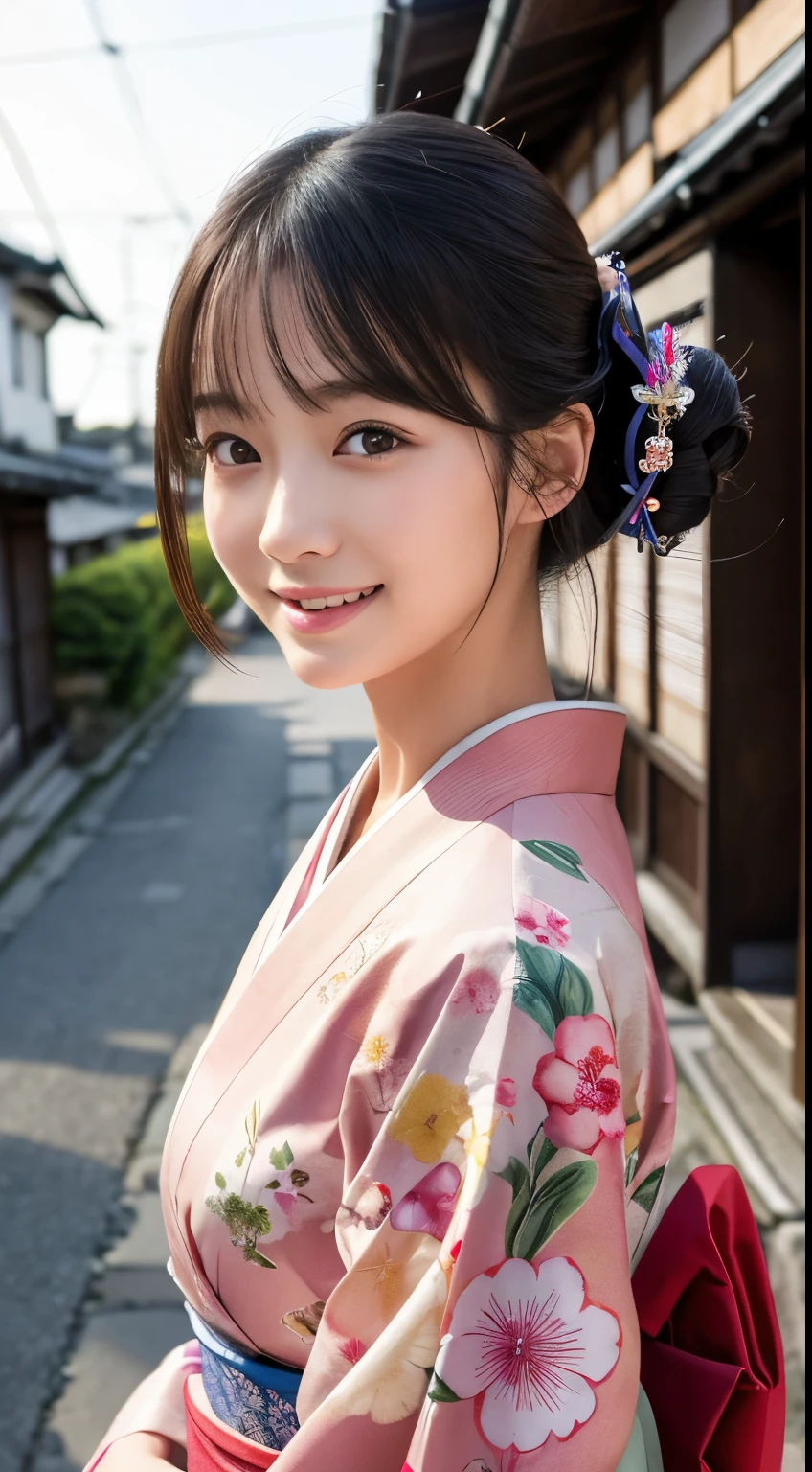 Professional Lighting,(Realistic:1.4), (Top image quality:1.0), (超High resolution:1.0), 8k, Raw photography, (masterpiece:0.2), (Dealing with the Children_v1:0.5)、(最高quality Detail:1.2)、Realistic、8kウルトラHD、High resolution、(1 girl:1.2)、超detailedな、High quality textures、複雑なdetailed、detailed、Very detailed CG、High quality shadows、detailed 美しく繊細な顔、Beautiful details and a delicate eye、(Symmetrical eyes:1.2),Written boundary depth、Ray Tracing,1 girl, Japanese Girls, (Natural smile:1.4),cute, thin, Portrait of a beautiful Japanese woman in a kimono, Standing elegantly on a street corner in Kyoto. Kimono with vibrant traditional patterns, Hair decorated with elegant and delicate hairpins, Gentle expression. (With the old streets of Kyoto in the background:1.4)、The soft light of a spring afternoon、Adding tranquility to the scene. Rendered in a Realistic style with great attention to detail, High resolutionの画像.Sky Porn, Magic Hour, (Realistic:1.3), finely, quality, (Tabletop:1.2), (Realistic:1.2), (最高quality), (複雑なdetailed), dramatic, Ray Tracing, photograph, +roller