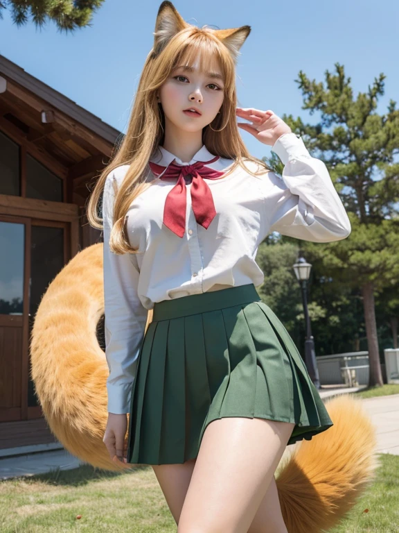 ((Highest quality, 8k)), ((masterpiece)), (Highest Resolution), Perfect Face, Fox Girl, high school girl, Beautiful woman, public, One tail, she has thick thighs, Big tail, She has a yellow fox tail., She wags her tail, Troubled face, Fur collar, She is wearing a short skirt, Beautiful Hips , Big Breasts, The skirt is rolled up at her tail