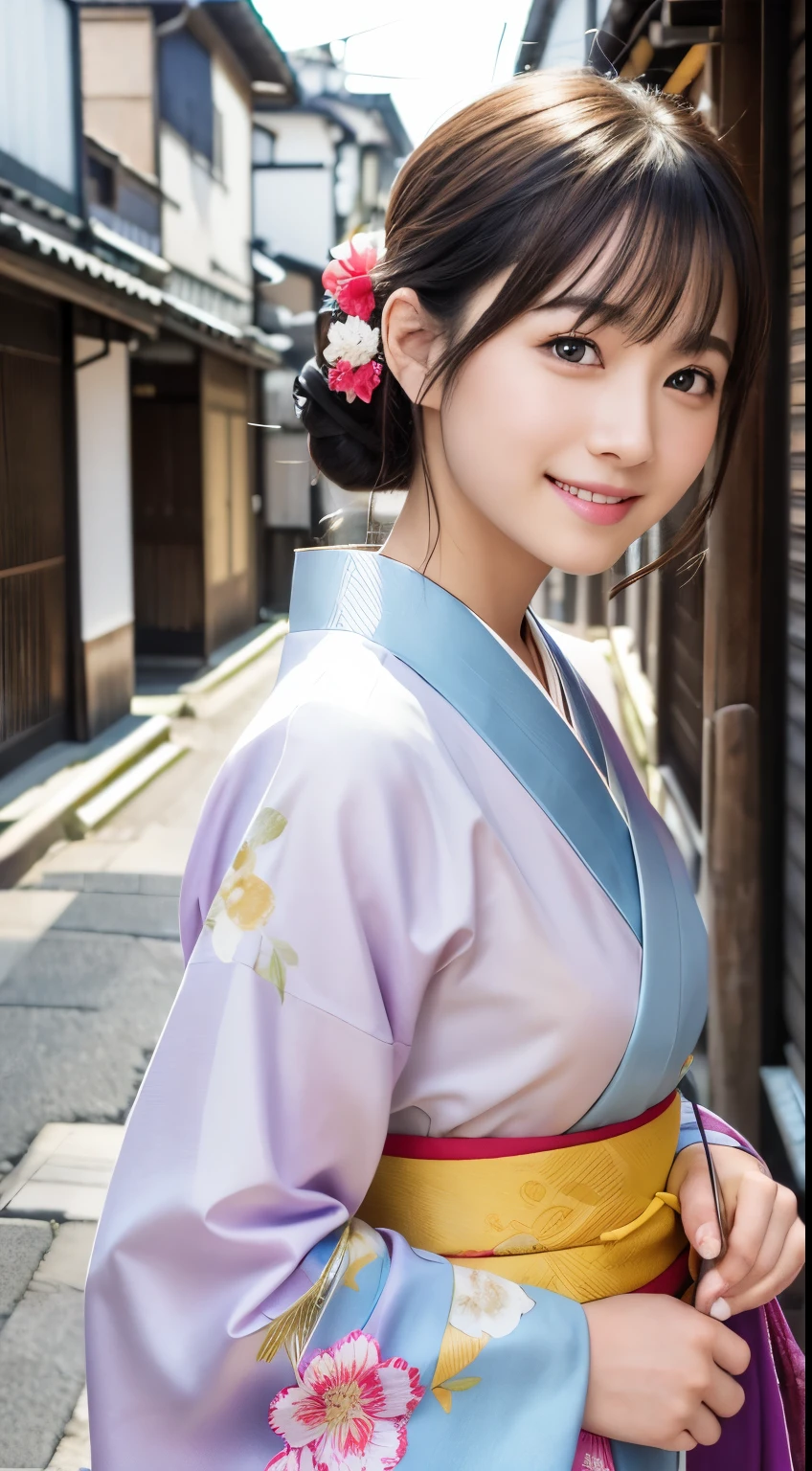Professional Lighting,(Realistic:1.4), (Top image quality:1.0), (超High resolution:1.0), 8k, Raw photography, (masterpiece:0.2), (Dealing with the Children_v1:0.5)、(最高quality Detail:1.2)、Realistic、8kウルトラHD、High resolution、(1 girl:1.2)、超detailedな、High quality textures、複雑なdetailed、detailed、Very detailed CG、High quality shadows、detailed 美しく繊細な顔、Beautiful details and a delicate eye、(Symmetrical eyes:1.2),Written boundary depth、Ray Tracing,1 girl, Japanese Girls, (Natural smile:1.4),cute, thin, Portrait of a beautiful Japanese woman in a kimono, Standing elegantly on a street corner in Kyoto. Kimono with vibrant traditional patterns, Hair decorated with elegant and delicate hairpins, Gentle expression. (With the old streets of Kyoto in the background:1.4)、The soft light of a spring afternoon、Adding tranquility to the scene. Rendered in a Realistic style with great attention to detail, High resolutionの画像.Sky Porn, Magic Hour, (Realistic:1.3), finely, quality, (Tabletop:1.2), (Realistic:1.2), (最高quality), (複雑なdetailed), dramatic, Ray Tracing, photograph, +roller