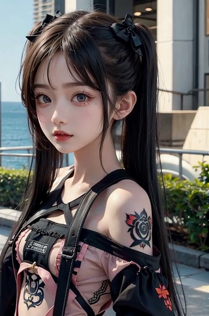 Sweet girl clothes6,print dress,, midjourney portrait, Best quality:1.4, photo-realism:1.4, skin texture:1.4, masterpiece:1.8, 1 Women, buttocks raised, beautidful eyes, Long-haired, eye socket, jewely, Tattooed with,