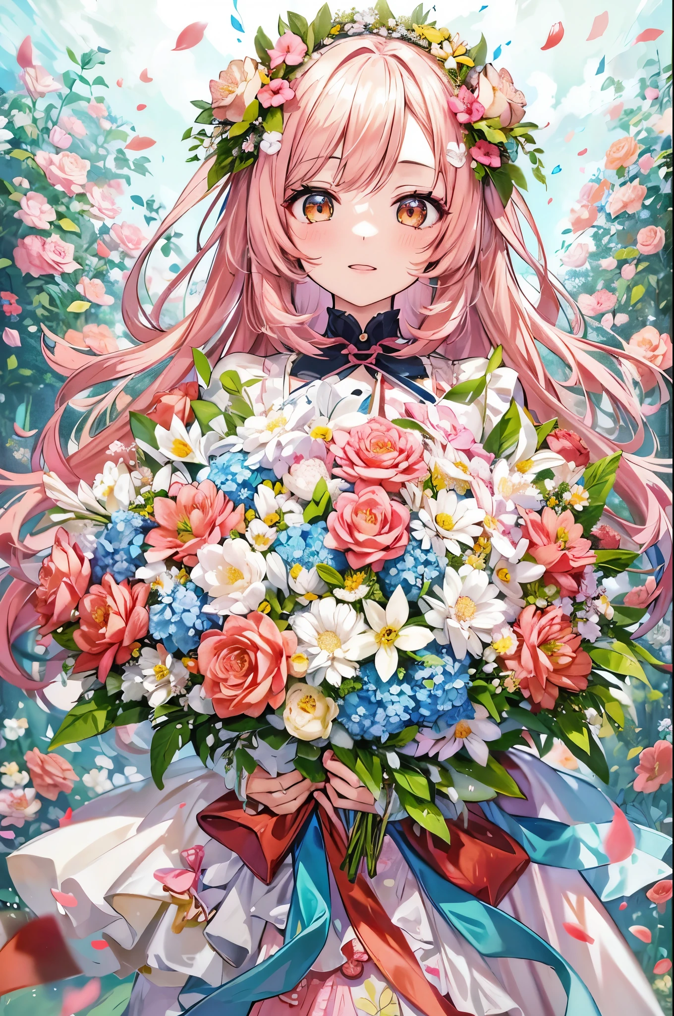 Close-up with a bouquet, Made of flowers少女, Girl in Flowers, Made of flowers, covered With flowers, With flowers, Carrying flowers, Full of flowers, Covered with flowers, Holding flowers, Lee Song, By Chiho Aoshima, By Niduan, Cute artwork, Jan Born, Send flowers to the heir'cheek