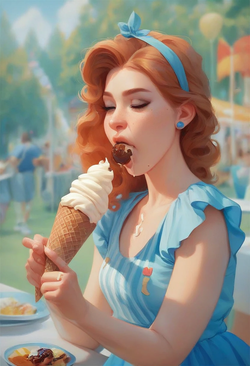1 girl, eat ice cream, disneyland background