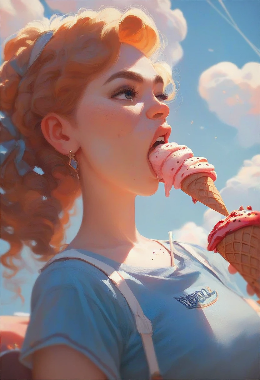 1 girl, eat ice cream, disneyland background