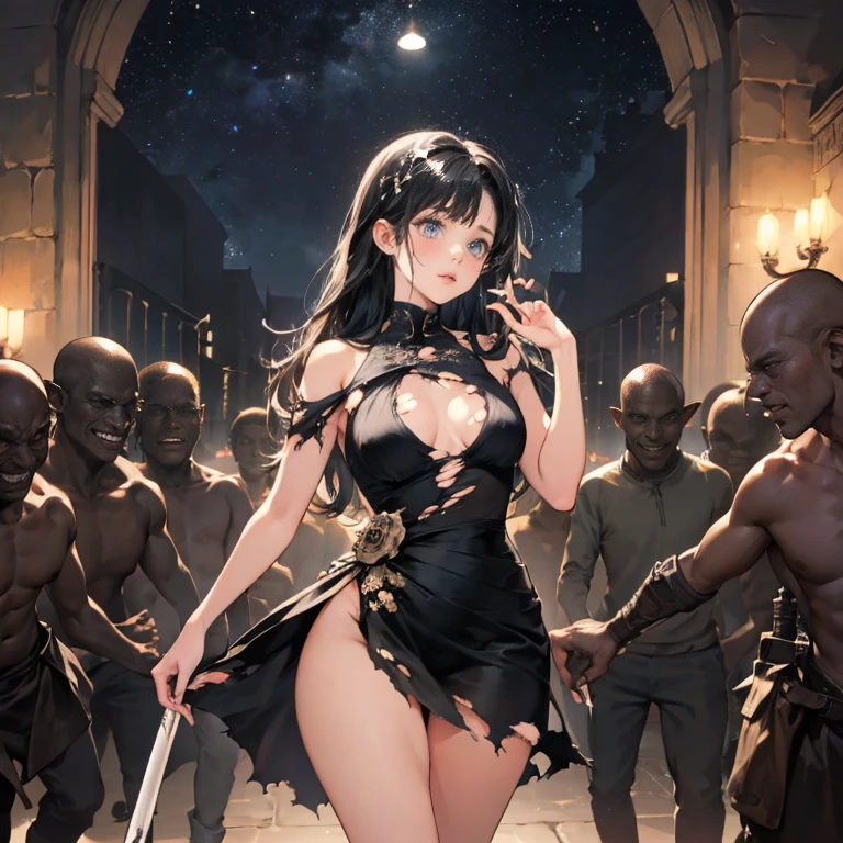 (Highest quality, 8k, masterpiece:1.3,beautiful girl), (masterpiece:1.3, Highest quality, Ultra-high resolution, Very detailed),Beautiful body, Beautiful breasts, Beautiful thighs, Beautiful legs, Beautiful fingers, Glowing Skin,(((Long Hair,Black Hair,Beautiful Hair))),(Perfect Anatomy, Anatomically correct, Very detailed肌), Cute and symmetrical face, Perfect Face, Perfect Eyes, ((Perfect Fingers, Five Fingers)), (((whole body,Draw the whole thing)))((Two Arms,Two legs)),Large Breasts,(((Wizard,Black Dress,Big walking stick))),(((Starry Sky,crowd,battlefield,battlefieldを照らす女神))),((Trapped on high ground,Dirty body,Torn clothing,Arms tied)),(((Annoyed expression,tears,A humiliating look))),(((Surrounded by Goblins,Being raped,Cum deep inside the vagina))),Guillotine,