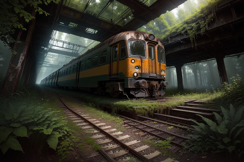 There is a train running under a bridge in the woods, abandoned railroad, an abandoned rusted train, abandoned railroads, Overgrown environment, Overgrown place, Post-apocalyptic atmosphere, an Overgrown, Overgrown, vegetation inspiration, Overgrown city, abandoned, Realistic dark concept art, dieselpunk train station, post apocalyptic scene, Post-End Day Setting ,((low angle shot 1.7)) ((Camera lens close to the ground to shoot 1.8))