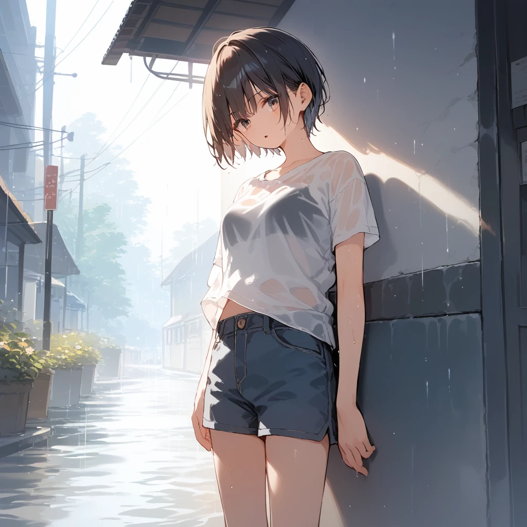 score_9, score_8_up, score_7_up, source_anime, best quality, masterpiece, official art, absurdres, highres, ultra-detailed,waifu2x,Collection: Slice of Life,break,1girl, tomboy, very short hair, bob cut, breasts, beautiful detailed eyes, expressionless, open mouth, (yawn:0.3), wet, see-through shirt, shorts, sleepily, rainy, outdoors, against wall, cul-de-sac, break,(clear line illustration:1.2), super detailed skin,very high resolution, very aesthetic, Best sexual lighting powered by famous artist, 8k,cute picture,beauty illustration,photoshop_(medium),,(Detailed Lighting),best anime 8k konachan wallpaper, pixiv contest winner,