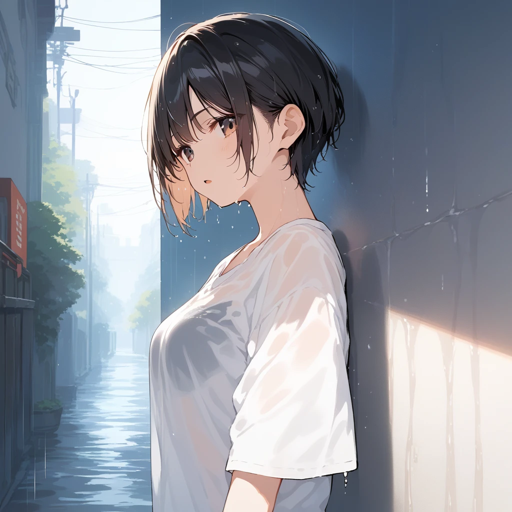 score_9, score_8_up, score_7_up, source_anime, best quality, masterpiece, official art, absurdres, highres, ultra-detailed,waifu2x,Collection: Slice of Life,break,1girl, tomboy, very short hair, bob cut, breasts, beautiful detailed eyes, expressionless, open mouth, (yawn:0.3), wet, see-through shirt, shorts, sleepily, rainy, outdoors, against wall, cul-de-sac, break,(clear line illustration:1.2), super detailed skin,very high resolution, very aesthetic, Best sexual lighting powered by famous artist, 8k,cute picture,beauty illustration,photoshop_(medium),,(Detailed Lighting),best anime 8k konachan wallpaper, pixiv contest winner,