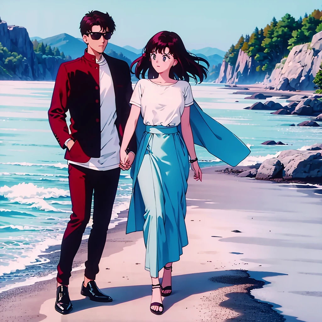 Couple of man and woman, walking hand in hand on the beach at night, view from the back, girl in a long tapered skirt and jacket, guy in trousers and T-shirt