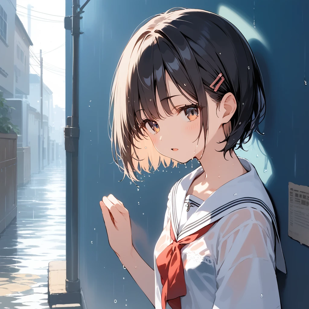 score_9, score_8_up, score_7_up, source_anime, best quality, masterpiece, official art, absurdres, highres, ultra-detailed,waifu2x,Collection: Slice of Life,break,1girl, very short hair, bob cut, small breasts, beautiful detailed eyes, expressionless, open mouth, (yawn:0.3), wet, school_uniform, see-through shirt, sleepily, rainy, outdoors, against wall, alley, break,(clear line illustration:1.2), super detailed skin,very high resolution, very aesthetic, Best sexual lighting powered by famous artist, 8k,cute picture,beauty illustration,photoshop_(medium),,(Detailed Lighting),best anime 8k konachan wallpaper, pixiv contest winner,