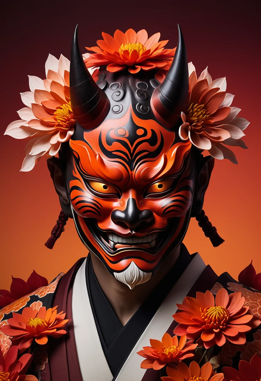 Toad hannya samurai mask red orange waves chrysanthemums 