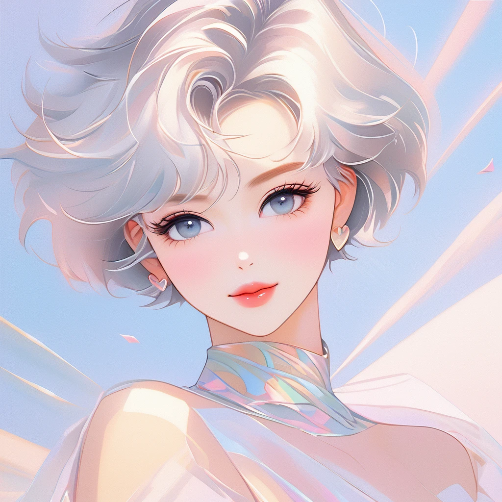 best image quality,pastel color theme, beautiful face and skin, (1 adult female), cleavage, thin face, short cut hair, blown by the wind, silver hair, glossy lipouth tightly closed))、shining eyes, slanted eyes, model pose, all over the body,wide angle,detailed pattern,nude, choker, Heart-shaped background,