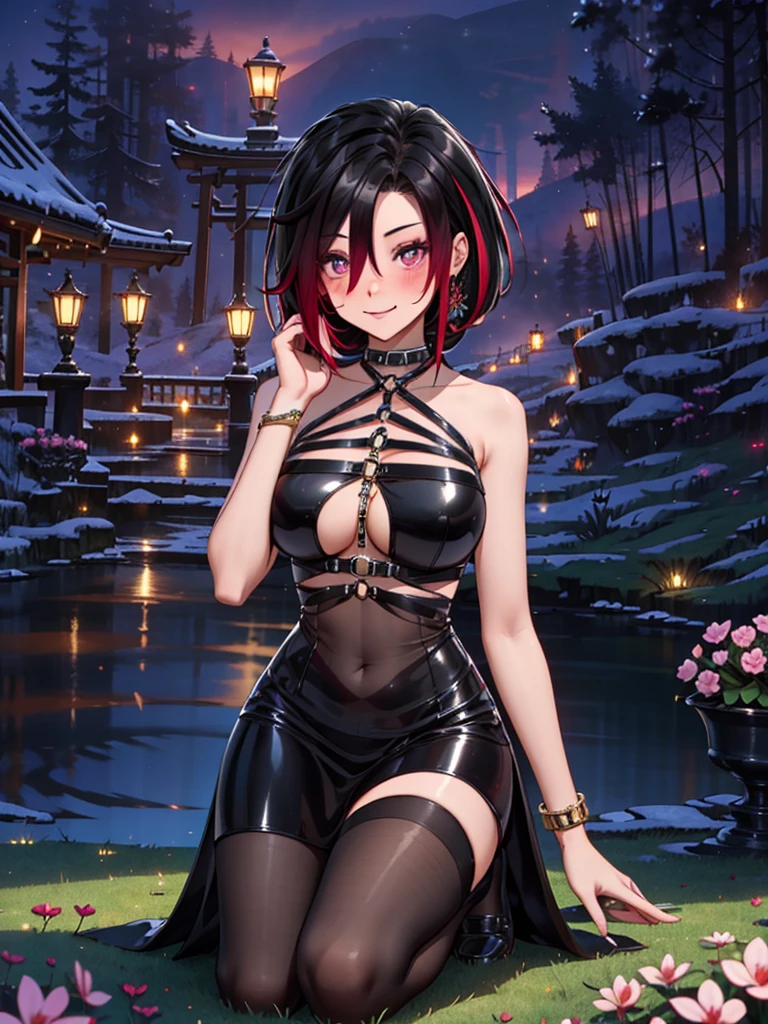 solo , solo girl, 1 girl, perfect anatomy, maximum sharpness, high definition, UHD, beautiful, marika, queen marika, black dress, low neckline, long braid, hair braid, cyclamen hair, cyclamen eyes, detailed eyes, beautiful eyes, chest, one piece dress, sexy, sensual, no natural light, night, night, dark night, seductive, smiling, moss, glowing flowers, kneeling in the grass, magnolia tree, red magnolia tree, ruins,
equinox,Magnólia, swallow,Traditional Chinese architecture,A woman in Hanfu standing next to a flower,Characters and Landscapes