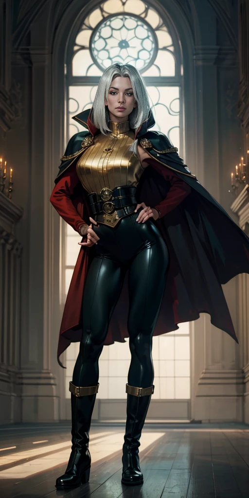 A woman with long platinum bob hair, arched crescent eyebrows, sharp and determined eyes, a delicate oval face, a serious expression, a fantasy-style dark green military coat, draped with a dark red waist-length cloak, military trousers, leather combat boots, silver greaves leggings, one hand on her hip, standing in a spacious training ground, this character embodies a finely crafted fantasy-style female military officer in anime style, exquisite and mature manga art style, pale skin, high definition, best quality, highres, ultra-detailed, ultra-fine painting, extremely delicate, professional, perfect body proportions, golden ratio, anatomically correct, symmetrical face, extremely detailed eyes and face, high quality eyes, creativity, RAW photo, UHD, 32k, Natural light, cinematic lighting, masterpiece-anatomy-perfect, masterpiece:1.5