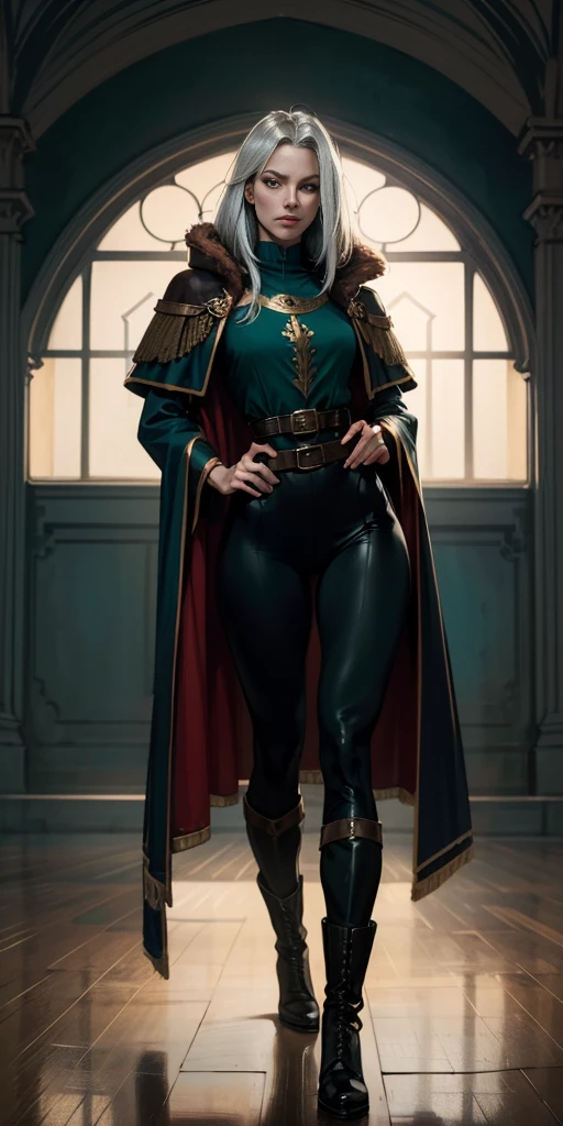 A woman with long platinum bob hair, arched crescent eyebrows, sharp and determined eyes, a delicate oval face, a serious expression, a fantasy-style dark green military coat, draped with a dark red waist-length cloak, military trousers, leather combat boots, silver greaves leggings, one hand on her hip, standing in a spacious training ground, this character embodies a finely crafted fantasy-style female military officer in anime style, exquisite and mature manga art style, pale skin, high definition, best quality, highres, ultra-detailed, ultra-fine painting, extremely delicate, professional, perfect body proportions, golden ratio, anatomically correct, symmetrical face, extremely detailed eyes and face, high quality eyes, creativity, RAW photo, UHD, 32k, Natural light, cinematic lighting, masterpiece-anatomy-perfect, masterpiece:1.5