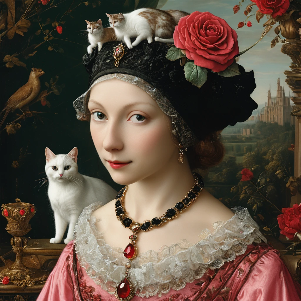 Black dress and red necklace、A fifty-year-old woman wearing a red rose necklace, Graceful cat, Beautiful Animals Queen of Pearls, Renaissance style, Wearing a luxurious dress, Renaissance style, Renaissance style, anthropomorphic female cat, Dignity in aristocratic costume, White cat in a pink dress, victorian aristocracy,Looking at the camera