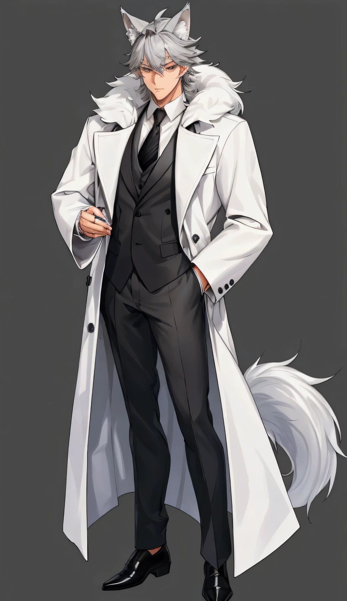 One person,The whole body is in,Character portrait,Gray Hair,Wolf ears,Handsome,White fur coat,It goes all the way up to my feet,Write from head to foot,Under the coat is a suit,顔は人でWolf ears,The legs are a little longer,