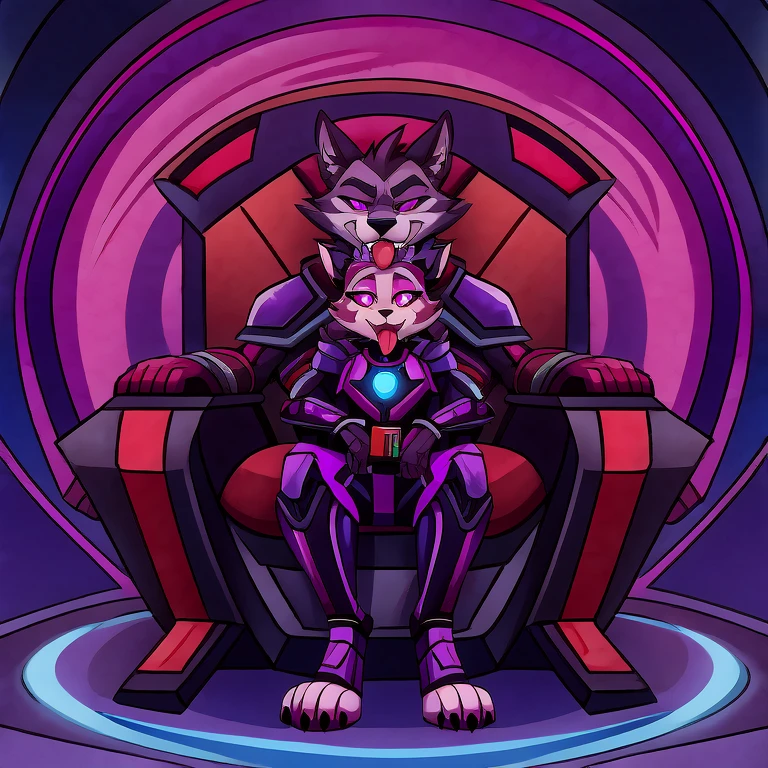 (masterpiece, best quality:1.2), Vortex hellhound, a couple, one male and the other female, wolves, furry, helluva boss, hypnotized with glowing purple eyes, tongue out, wearing futuristic armor, using a Pulse Rifle, Energy Rifle, Futuristic assault rifle, kneeling in front of Moxxie who is sitting on a throne