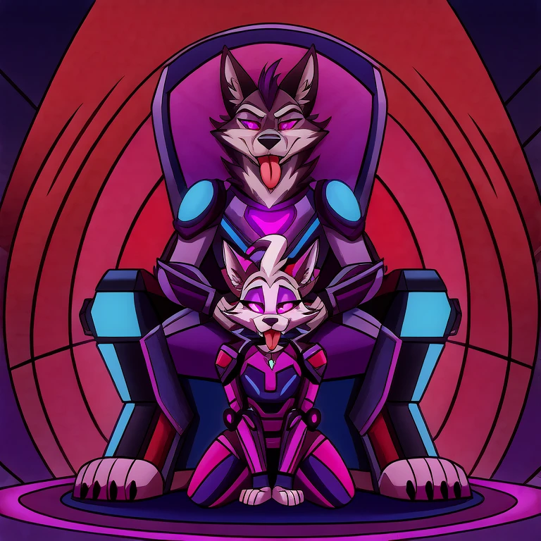 (masterpiece, best quality:1.2), Vortex hellhound, a couple, one male and the other female, wolves, furry, helluva boss, hypnotized with glowing purple eyes, tongue out, wearing futuristic armor, using a Pulse Rifle, Energy Rifle, Futuristic assault rifle, kneeling in front of Moxxie who is sitting on a throne
