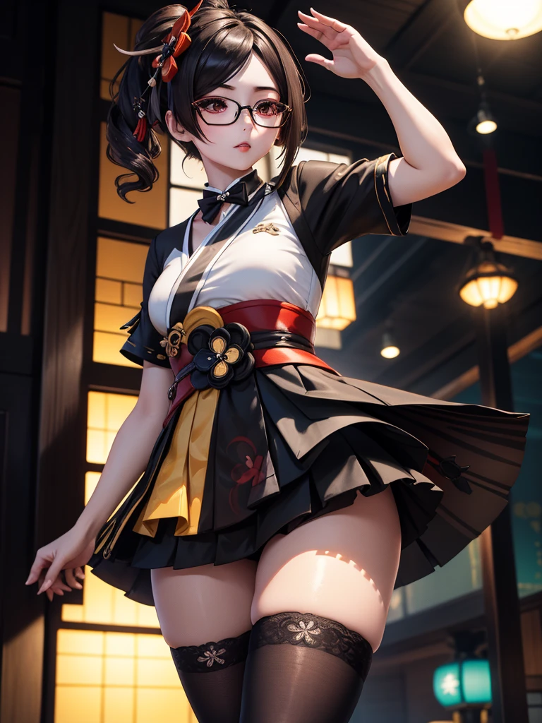 Chiori, (genshin impact), Sexy aesthetic wet short skirt white shirt short black skirt black stockings long hair glasses hands raised RGB. 32kK UHD.