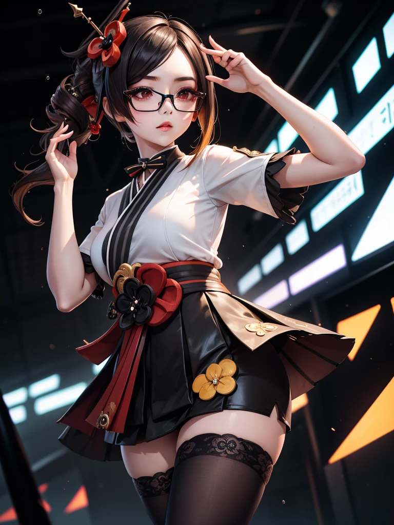 Chiori, (genshin impact), Sexy aesthetic wet short skirt white shirt short black skirt black stockings long hair glasses hands raised RGB. 32kK UHD.