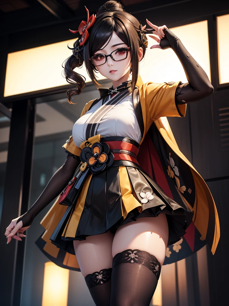 Chiori, (genshin impact), Sexy aesthetic wet short skirt white shirt short black skirt black stockings long hair glasses hands raised RGB. 32kK UHD.