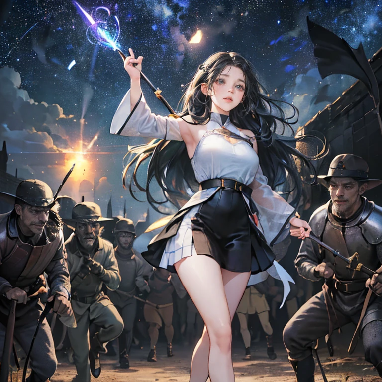 ​(Highest quality, 8k, masterpiece:1.3,beautiful girl), (masterpiece:1.3, Highest quality, Ultra-high resolution, Very detailed),Beautiful body, Beautiful breasts, Beautiful thighs, Beautiful feet, Beautiful fingers, Glowing Skin,(((Long Hair,Black Hair,Beautiful Hair))),(Perfect Anatomy, Anatomically correct, Very detailed肌), Cute and symmetrical face, Perfect Face, Perfect Eyes, ((Perfect Fingers, Five Fingers)), (((whole body,Draw the whole thing)))((Two Arms,Two legs)),Large Breasts,(((Wizard,Black Dress,Big walking stick,Fight with magic))),(((Midnight,Starry Sky,crowd,war,battlefield,battlefieldを照らす女神,The world of medieval Europe))),Stand on high ground,((Raise your wand and light up the sky)),There are a lot of goblins on the plateau..,(((Soldiers fighting the enemy,)))