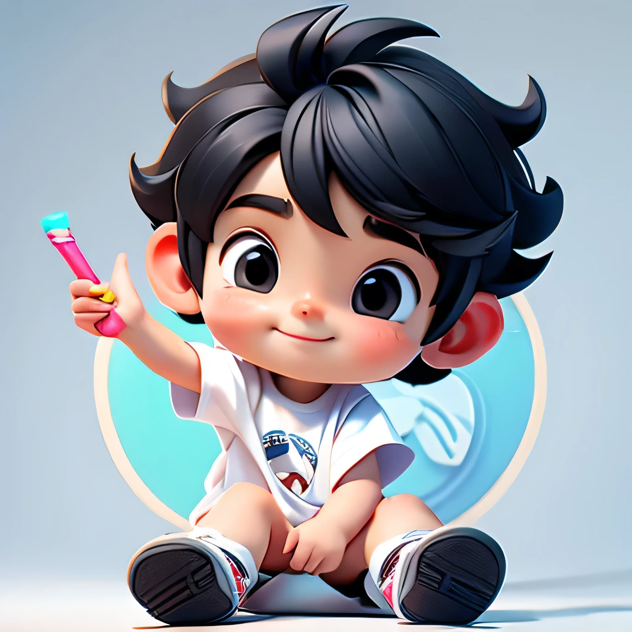 Cute 3D rendering style,Tide play style,Little boy painting,Wearing a white T-shirt,Black hair,Black eyes,Wear shoes,Happy expression,8K quality,high quality,Soften Tone,Repair face and hands