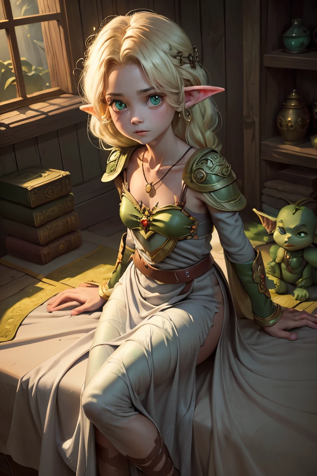 (Realisttic:1.2), analog photo style, (cute goblin wooman looking like elf, intensed green serpent's eyes, surrounded by a gloomy antique setting), (her full body s a visual pleasure), faint smile, soft shading expresses beautiful skin texture, silk material, Graceful curve, necklace, rich and lustrous hair, three dimensional effect, gloomy dark atmosphere, play of light in the sun rays, a delicate balance between beauty and darkness, faded colours, great quality, Masterpiece, intricate fantasy background, naturally cinematic light, 16k quality, HDR, RAW photo