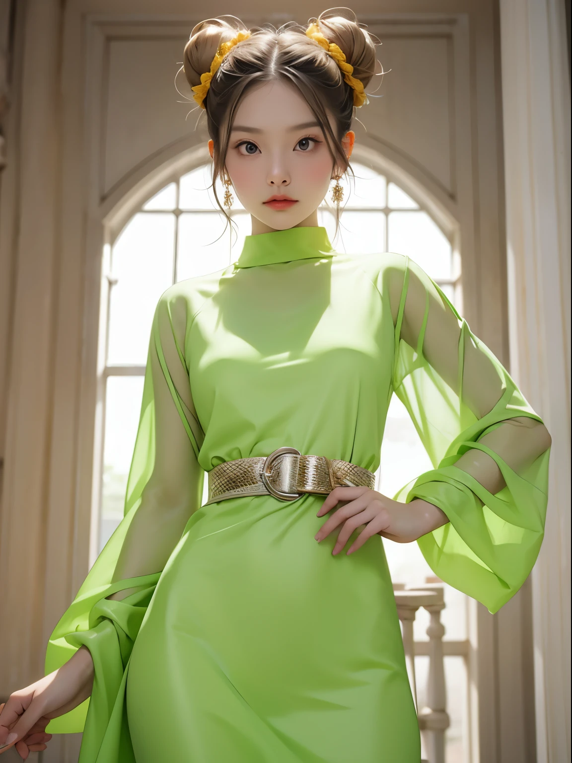 Slime Girl, (Slime), Slime Hair Double Bun Hairstyle, Pumpkin Orange, White Princess Dress with Weapon Belt., Masterpiece, Best Quality