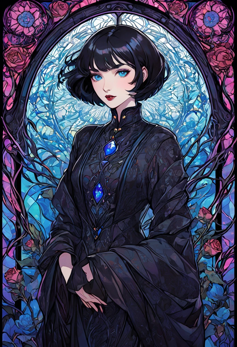 Basic Art Nouveau style，Black hair blue eyes vampire woman，short hair，（upper body portrait），young，(((oval face)))，dark clothes，Soft and melancholy face，Exquisite，No wrinkles，gothic style，A mix of synthwave and art nouveau，Bold and smooth lines，Dynamic composition of organic Art Nouveau patterns，Intricate roses and patterns intertwined with geometric shapes，Characters that embody vampireysterious gothic atmosphere，Feminine but calm expression，Art Nouveau patterned robe，Digital grid landscape featuring natural forms，Neon-like outline effect reminiscent of stained glass，White background，high contrast，Easy to color，Visual clarity，French Art Nouveau，80s vaporwave art style。Maximum detail，