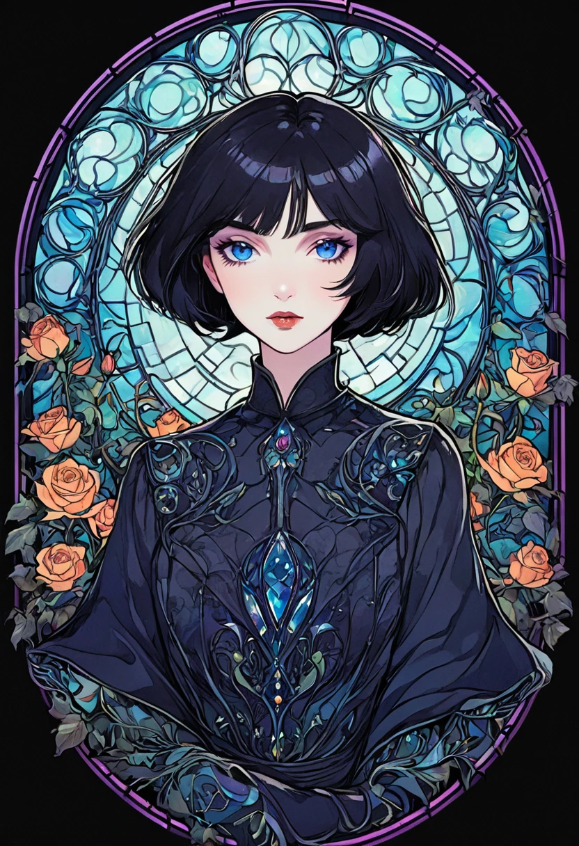 Basic Art Nouveau style，Black hair blue eyes vampire woman，short hair，（upper body portrait），young，(((oval face)))，dark clothes，Soft and melancholy face，Exquisite，No wrinkles，gothic style，A mix of synthwave and art nouveau，Bold and smooth lines，Dynamic composition of organic Art Nouveau patterns，Intricate roses and patterns intertwined with geometric shapes，Characters that embody vampireysterious gothic atmosphere，Feminine but calm expression，Art Nouveau patterned robe，Digital grid landscape featuring natural forms，Neon-like outline effect reminiscent of stained glass，White background，high contrast，Easy to color，Visual clarity，French Art Nouveau，80s vaporwave art style。Maximum detail，