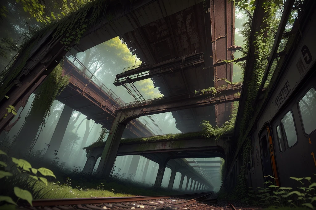 There is a train running under a bridge in the woods, abandoned railroad, an abandoned rusted train, abandoned railroads, Overgrown environment, Overgrown place, Post-apocalyptic atmosphere, an Overgrown, Overgrown, vegetation inspiration, Overgrown city, abandoned, Realistic dark concept art, dieselpunk train station, post apocalyptic scene, Post-End Day Setting ,((low angle shot 1.7)) ((Camera lens close to the ground to shoot 1.8))