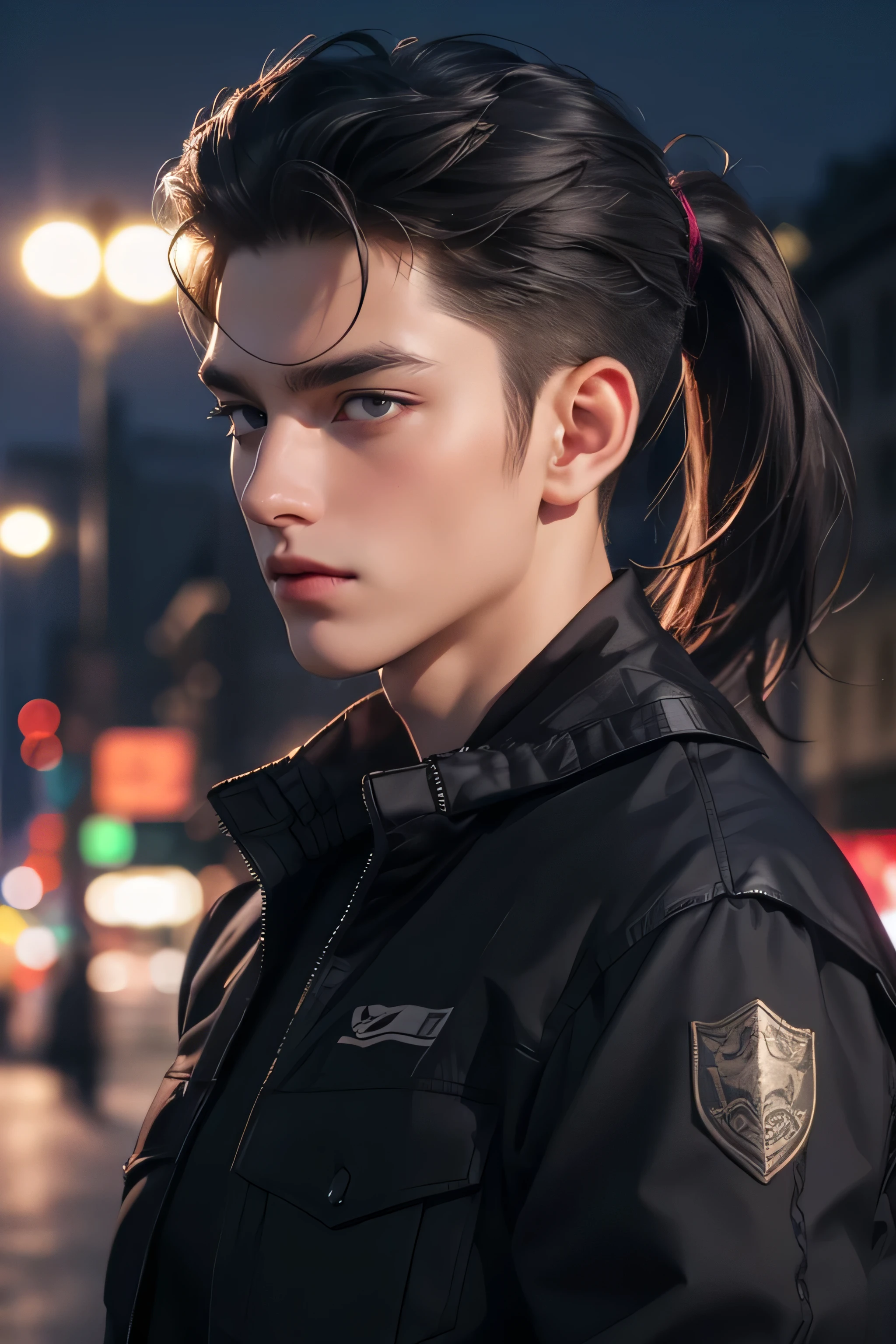  a man, muscualr,strong body,trained, ((wearing half sleeve black jacket:1.5)), (best quality,4k,8k,highres,masterpiece:1.2),ultra-detailed,realistic,professional,(portraits,concept artists),vivid colors,sharp focus,HDR,studio lighting,(black hair:1.1),(purple eyes:1.1), hair reaching the above neck, tied in a short half-ponytail, dutch feature, tanned skin, city night view in background