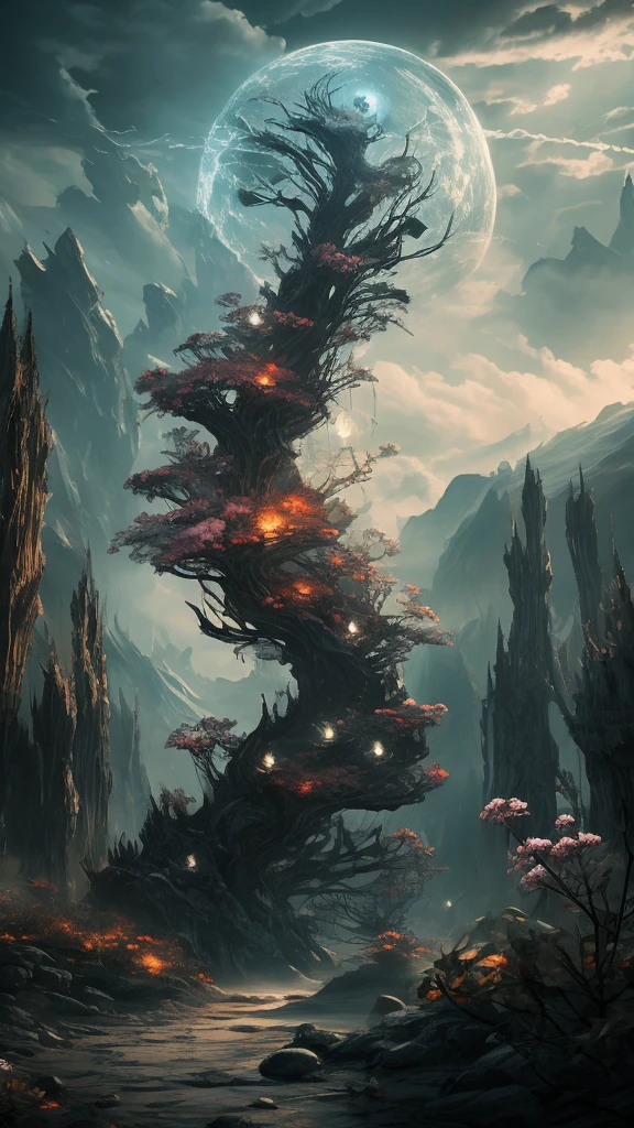 horror-themed ether fantasy concept art of breathtaking a delicate flower growing in the middle of the desert ColorART, Colorful Alien Skin DonMASKTexXL , masterpiece, Award-winning, Professional, Very detailed, grow, Celestial, ether, Picturesque, amazing, Majestic, Magic, Fantasy art, Cover art, dream-like, Creepy, Anxious, dark, Creepyな, Suspenseful, strict, Very detailed