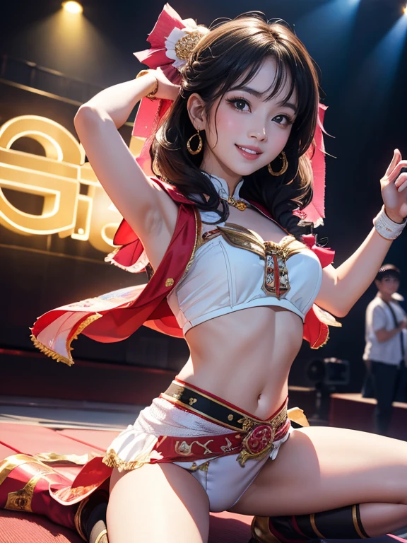 (Highest quality、 8k 、masterpiece、High resolution)、(Dancer)、Full Body Shot、15 year old girl、Idol、cute、Dancing with a smile、Outdoor Stage、AKB48 Costumes、Realistic、Realistic、Official Art、Detailed CG、Professional Lighting、Professional photographer、