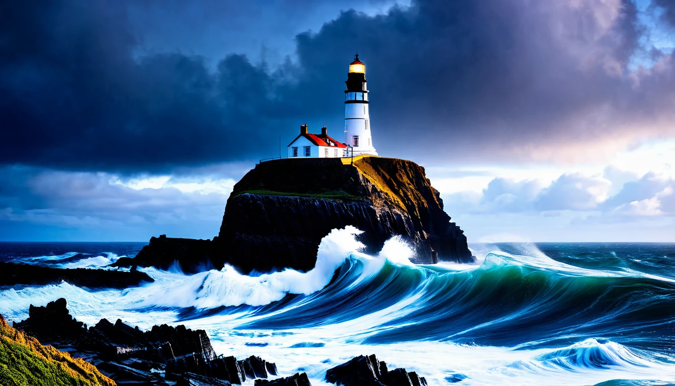 A tall, crumbling lighthouse perched on jagged cliffs, with waves crashing around its base. The sky is ominous with storm clouds, suggesting a secret hidden within.
- **Elements:** Broken lanterns, seashells scattered on the rocks, and a mysterious ship silhouette in the distance. Include swirling winds and birds for added drama.