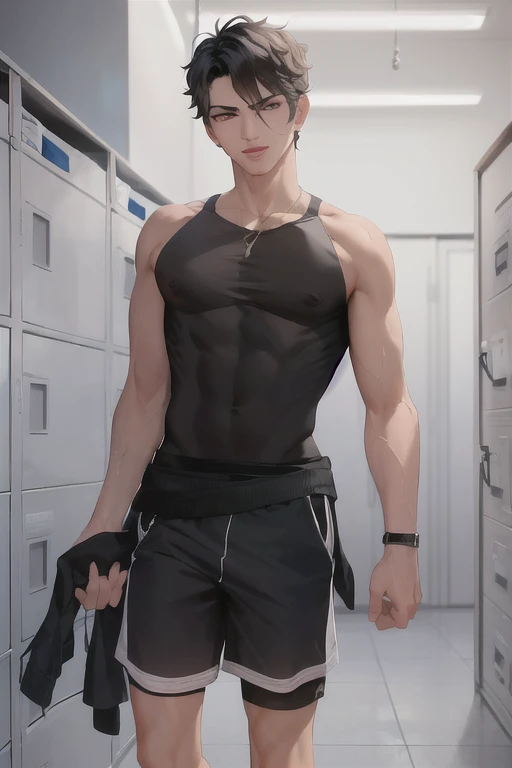 work of art, best qualityer, handsome and handsome boy, beautiful face and highly detailed eyes,highly detailed skin, male approximately 1,88 metro de altura, with short, curly black hair.
(ung boy:1.4), standing alone, ass pov, shorth hair, eyes browns, Bblack hair, abdomen:0.8, brawny:0.7,
Male locker room, Attached to your waist, there is a black katana called Kuro Somuna, with an intricately detailed handle that exudes a subtle, shadowy glow.