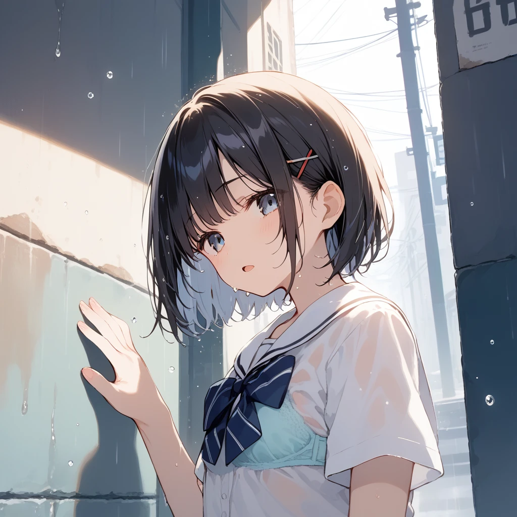 score_9, score_8_up, score_7_up, source_anime, best quality, masterpiece, official art, absurdres, highres, ultra-detailed,waifu2x,Collection: Slice of Life,break,1girl, very short hair, bob cut, small breasts, beautiful detailed eyes, expressionless, open mouth, (yawn:0.3), wet, school_uniform, see-through shirt, bra, underwear, sleepily, rainy, outdoors, against wall, alley, break,(clear line illustration:1.2), super detailed skin,very high resolution, very aesthetic, Best sexual lighting powered by famous artist, 8k,cute picture,beauty illustration,photoshop_(medium),,(Detailed Lighting),best anime 8k konachan wallpaper, pixiv contest winner,