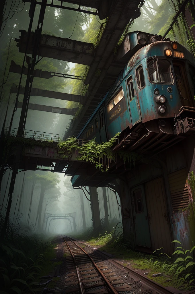 There is a train running under a bridge in the woods, abandoned railroad, an abandoned rusted train, abandoned railroads, Overgrown environment, Overgrown place, Post-apocalyptic atmosphere, an Overgrown, Overgrown, vegetation inspiration, Overgrown city, abandoned, Realistic dark concept art, dieselpunk train station, post apocalyptic scene, Post-End Day Setting ,((low angle shot 1.7)) ((Camera lens close to the ground to shoot 1.8))