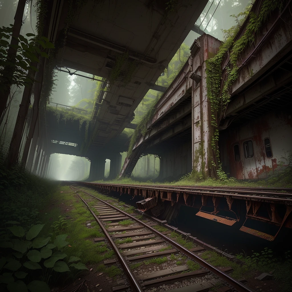 There is a train running under a bridge in the woods, abandoned railroad, an abandoned rusted train, abandoned railroads, Overgrown environment, Overgrown place, Post-apocalyptic atmosphere, an Overgrown, Overgrown, vegetation inspiration, Overgrown city, abandoned, Realistic dark concept art, dieselpunk train station, post apocalyptic scene, Post-End Day Setting ,((low angle shot 1.7)) ((Camera lens close to the ground to shoot 1.8))