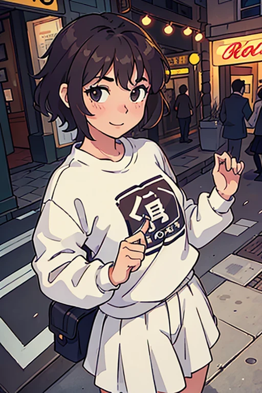 (best qualityer:0.8) perfect anime illustration, a handsome, happy woman with short curly brown hair on the city streets, wearing a sweatshirt, overskirt