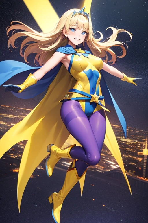 ((best quality)), ((masterpiece)), (detailed), 1 girl, Full body, 19 years old, Smiling face, Blue eyes, Star-shaped tiara, Arms outstretched, Arms behind waist, Blue superhero mask, Blushing, Blonde hair, Straight hair, Long hair, Bangs, Hair ornaments, Star hair ornaments, Full body, Medium breasts, Slim body, Hands with yellow stars, Yellow wristbands, Long purple gloves, Blue gloves, Blue gloves, Superhero costume, Superheroes, Yellow leotard suit, With a big yellow star in the center, Star emblem, Somewhat tight, Long yellow cape on waist, Red belt, Purple legs, Purple pantyhose, Blue boots, Flying, City background, Anime