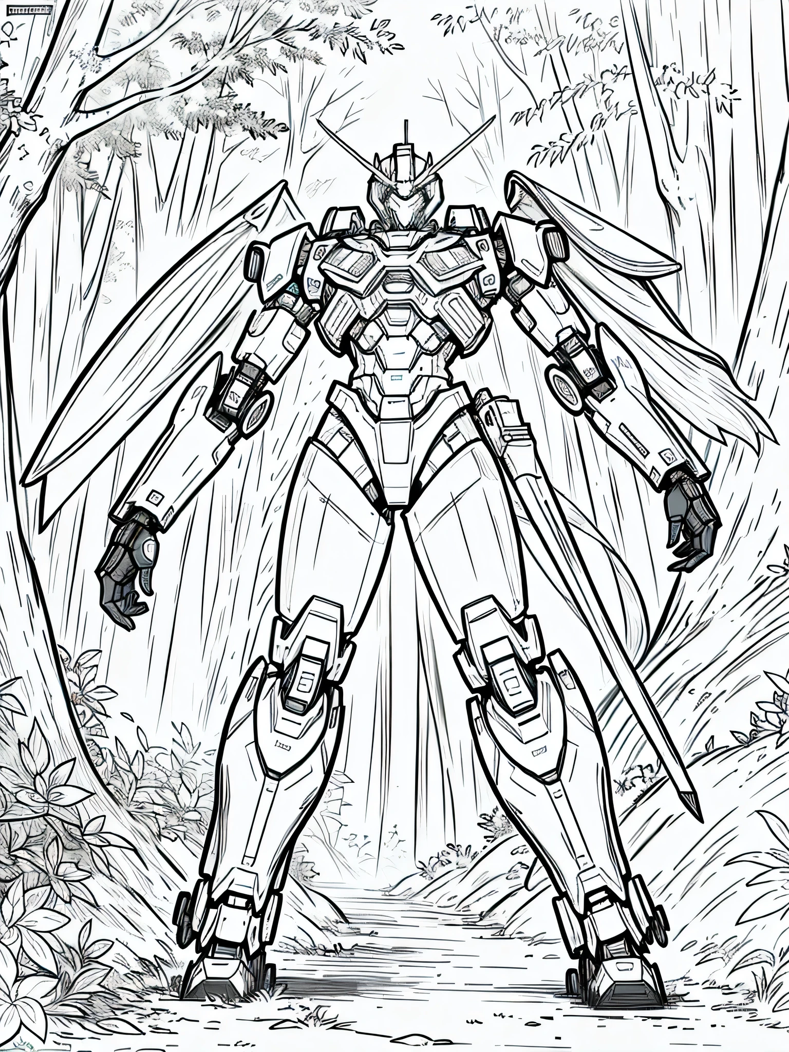 masterpiece, Best Quality, a mecha in the forest, closeup Line art, monochrome, clean lines, black and white, his summer, coloring book page,