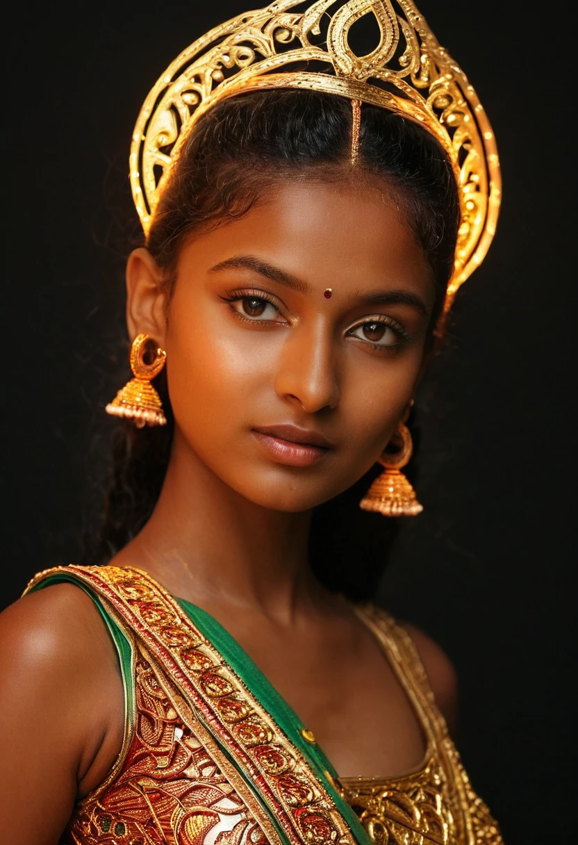 Photo of a ancient hindu goddess (((mythical))), 10 years old, DSLR photography, erotic sexy triangle half body, clear face, glamourous, cinematic light, raw photo, ((((Raw detail)))), masterpiece, Extremely Realistic, Realism, Portrait, Raw photo, cinematic neon lighting, Photography, High detailed , photorealistic, shot on sony vanice camera, high heels, DDRFashion, Extremely Realistic, r4w photo, klmgirl,High-resolution detail capturing the natural texture of the skin, including pores, fine lines, and natural highlights and shadows, Emphasize a natural, healthy glow, showcasing the beauty of real dark skin, A graceful, confident posture with a gentle smile or a serene expression
