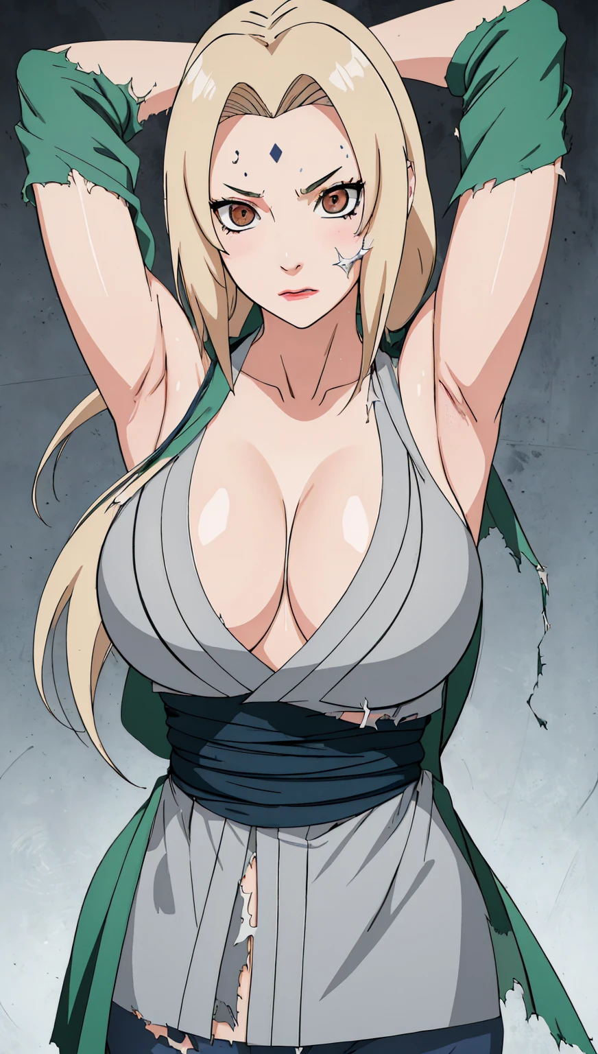 (masterpiece, Highest quality:1.2), alone, One Girl, Tsunade Defense, Forehead mark, View your viewers,((Embarrassed face、Put your arms behind your head、Both armpits are fully visible、Torn clothes))、Green haori, Gray kimono, sash, pants 、Upper body close-up、Close-up of a person、Beautiful girl with beautiful details, very cute, Beautiful girl with beautiful details, Professional photography lighting, Highly detailed eyes and face, Beautiful eyes in every detail、Beautiful detailed hair, Beautiful and exquisite cold face、