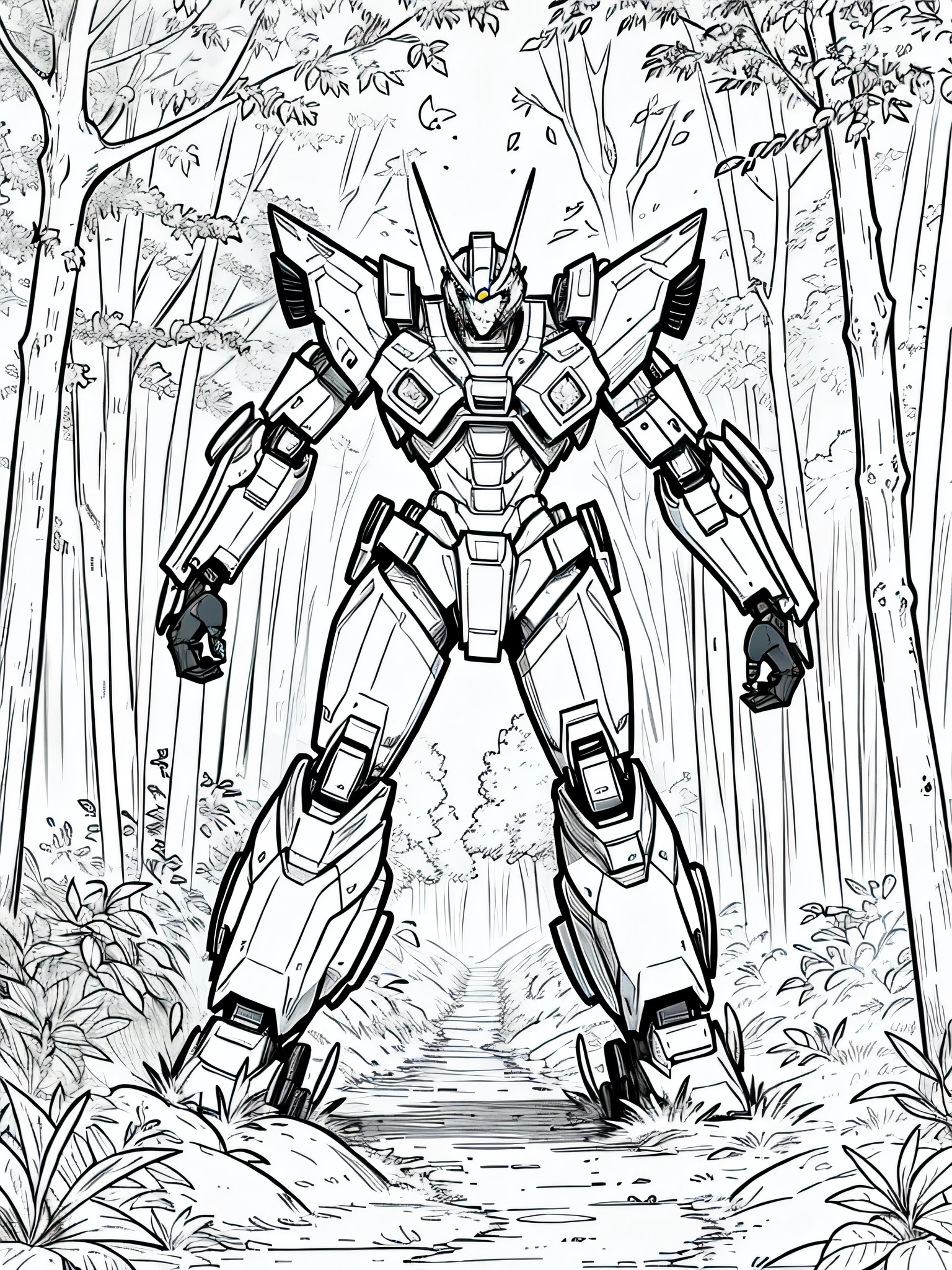 masterpiece, Best Quality, a mecha in the forest, closeup Line art, monochrome, clean lines, black and white, his summer, coloring book page,