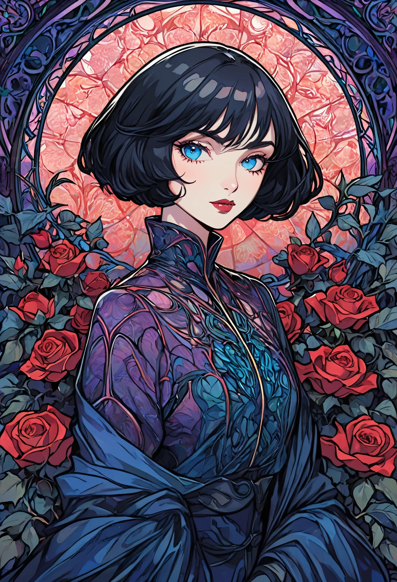 Basic Art Nouveau style,Black hair blue eyes vampire woman,short hair,(upper body portrait),young,(((oval face))),dark clothes,Soft and melancholy face,Exquisite,No wrinkles,gothic style,A mix of synthwave and art nouveau,Bold and smooth lines,Dynamic composition of organic Art Nouveau patterns,Intricate roses and patterns intertwined with geometric shapes,Characters that embody vampireysterious gothic atmosphere,Feminine but calm expression,Art Nouveau patterned robe,Digital grid landscape featuring natural forms,Neon-like outline effect reminiscent of stained glass,White background,high contrast,Easy to color,Visual clarity,French Art Nouveau,80s vaporwave art style。Maximum detail,
